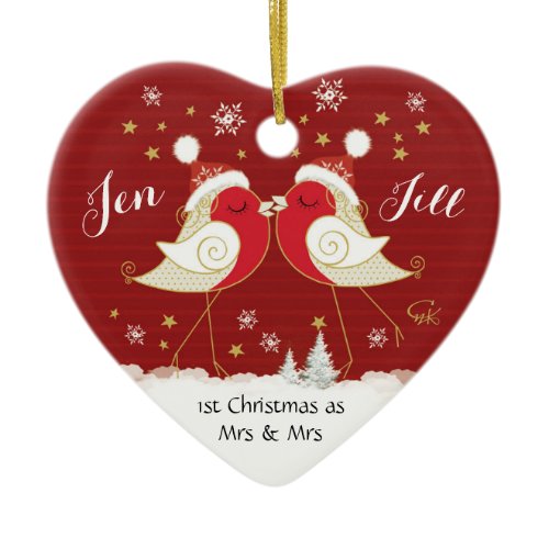 Lesbian, 1st Christmas as Mrs &amp; Mrs, Robins Heart Ceramic Ornament