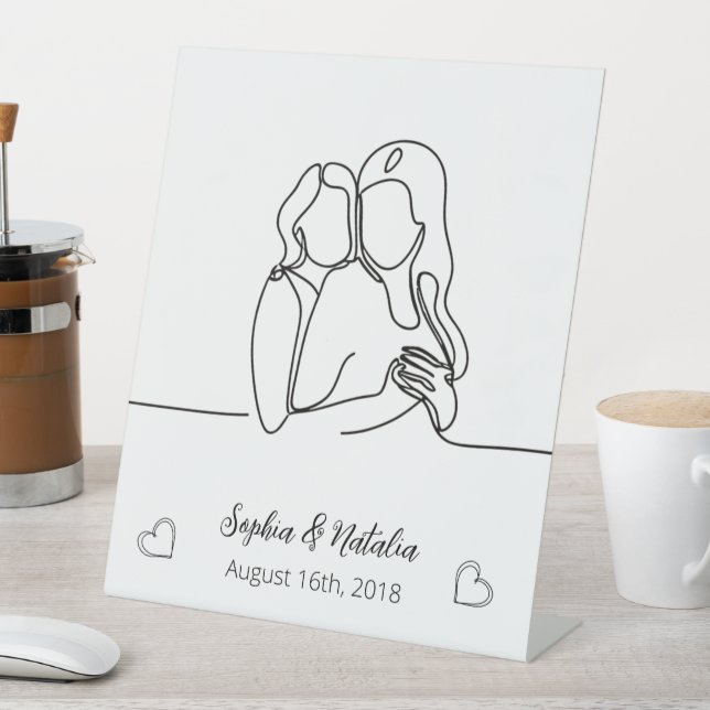 Lesbian Anniversary Elegant Personalized Line Art Pedestal Sign (In SItu)