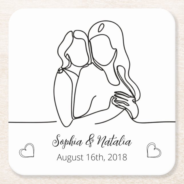 Lesbian Anniversary Elegant Personalized Line Art Square Paper Coaster (Front)