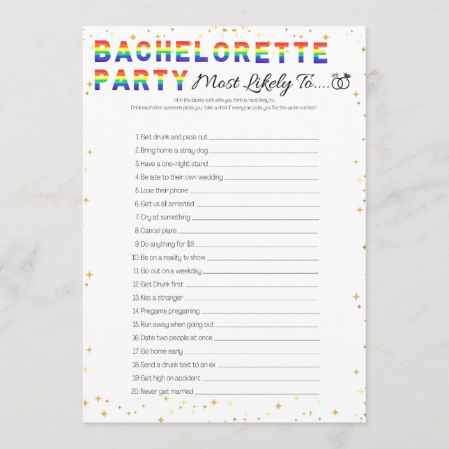 Lesbian Bachelorette Party Game, Most Likely To Invitation (Front)