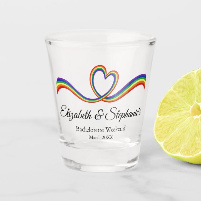 Lesbian Bachelorette Rainbow Heart Shot Glass (Front)