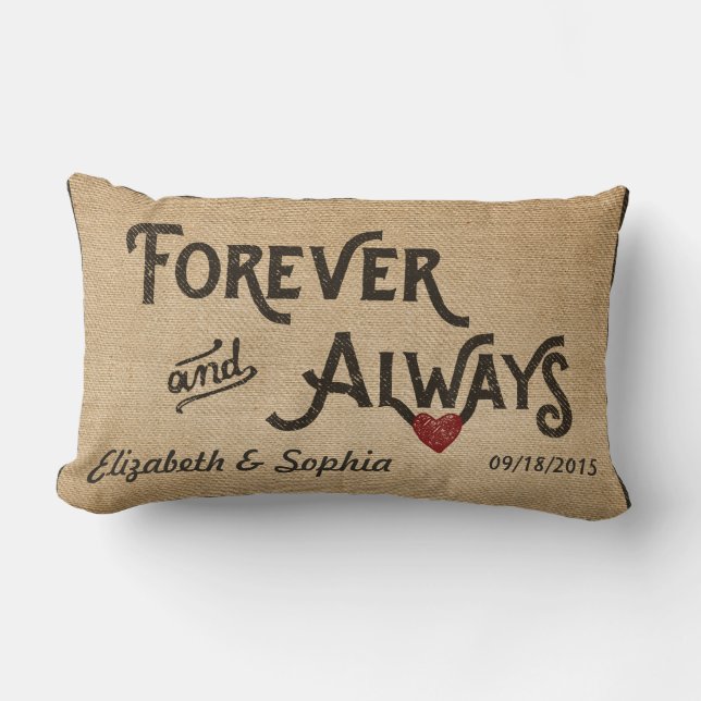 Lesbian Burlap Forever Always Heart Personalized Lumbar Pillow (Front)