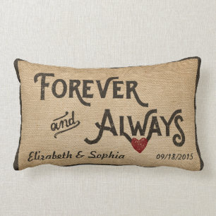 Lesbian Burlap Forever Always Heart Personalized Lumbar Pillow