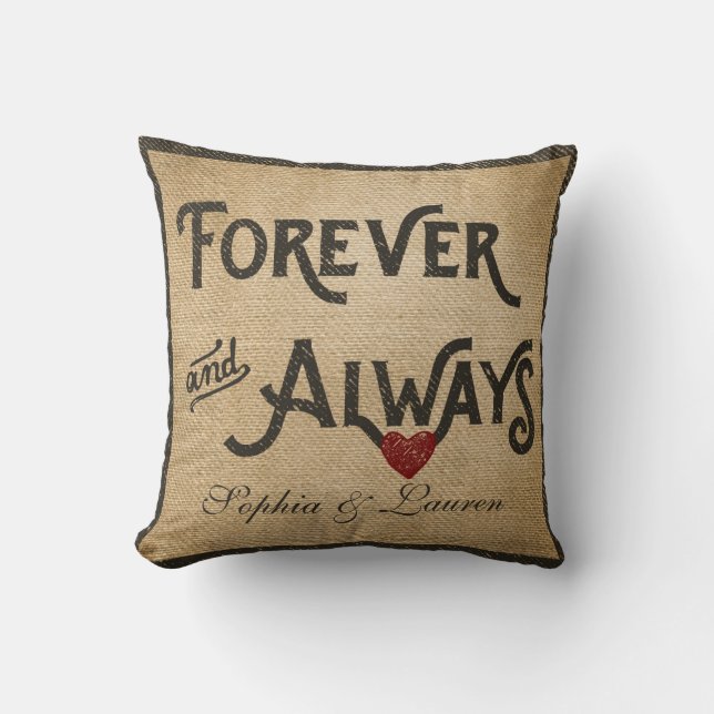 Lesbian Burlap Forever Always Heart Personalized Throw Pillow (Front)