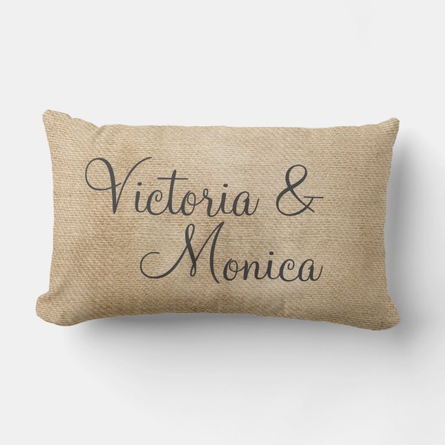 Lesbian Burlap Vintage Personalize Wedding Names Lumbar Pillow (Front)