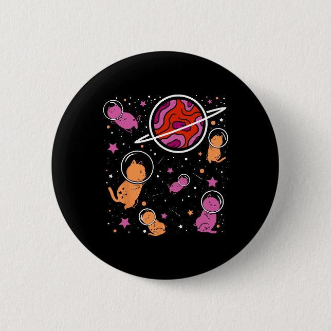 Lesbian Cat In Space Orange Pink Lesbian Pride For Button (Front)
