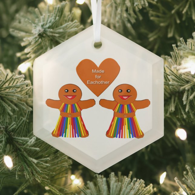 Lesbian Christmas Gingerbread Ladies Couple Glass Ornament (Insitu)