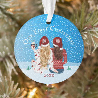 Lesbian couple 1st Christmas snow PHOTO gay Orname Ornament