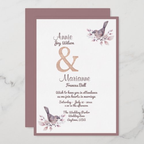 Lesbian Couple Dusty Burgundy Rose Gold Ampersand Foil Invitation