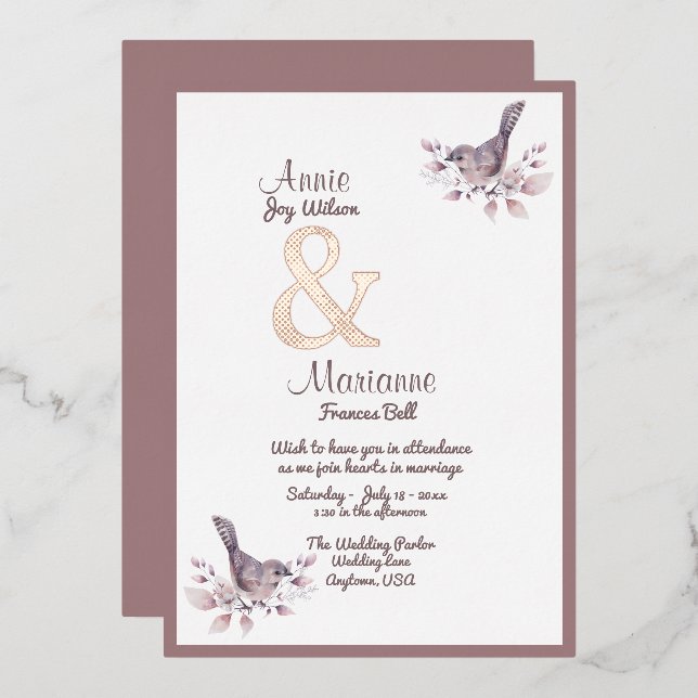 Lesbian Couple Dusty Burgundy Rose Gold Ampersand Foil Invitation (Front/Back)