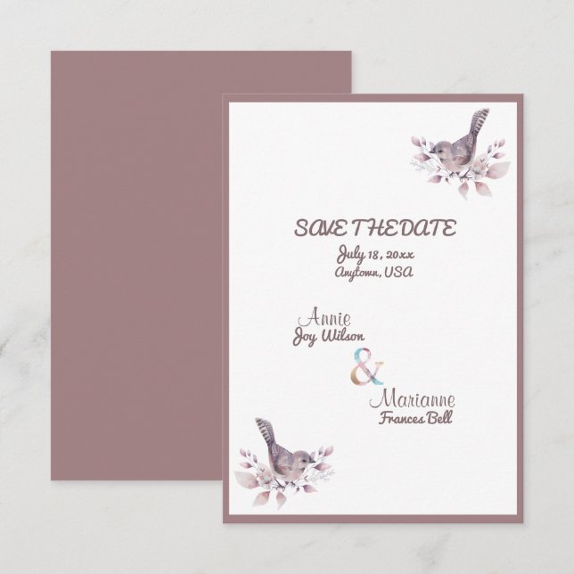 Lesbian Couple Dusty Burgundy Rose Gold Ampersand Save The Date (Front/Back)