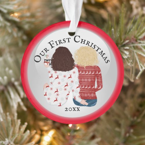 Lesbian couple first Christmas PHOTO romantic red Ornament