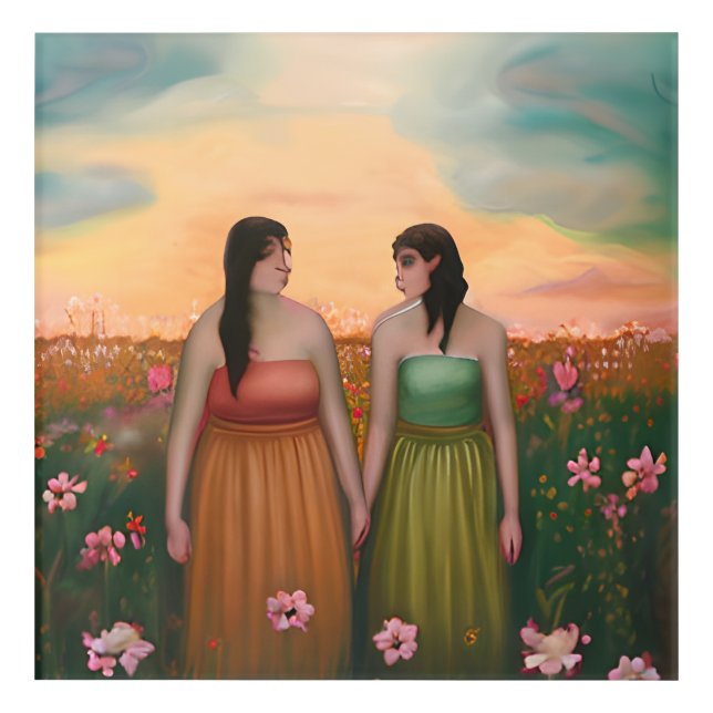 Lesbian Couple Holding Hands in Meadow of Flowers Acrylic Print (Front)