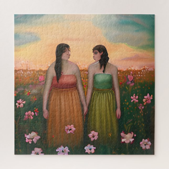 Lesbian Couple Holding Hands in Meadow of Flowers Jigsaw Puzzle (Vertical)