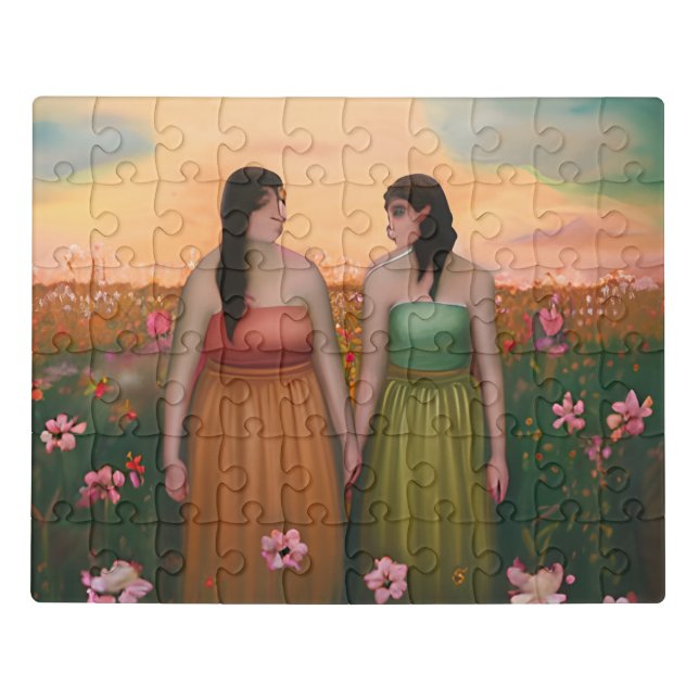 Lesbian Couple Holding Hands in Meadow of Flowers Jigsaw Puzzle (Puzzle Horizontal)