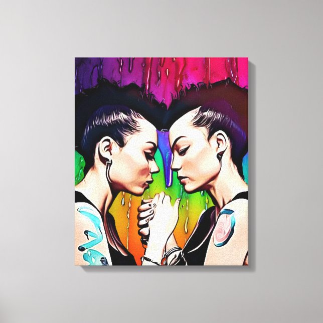 Lesbian Couple Holding Hands Rainbow Art Canvas Print (Front)