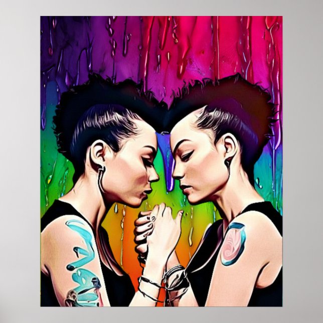 Lesbian Couple Holding Hands Rainbow Art Poster (Front)