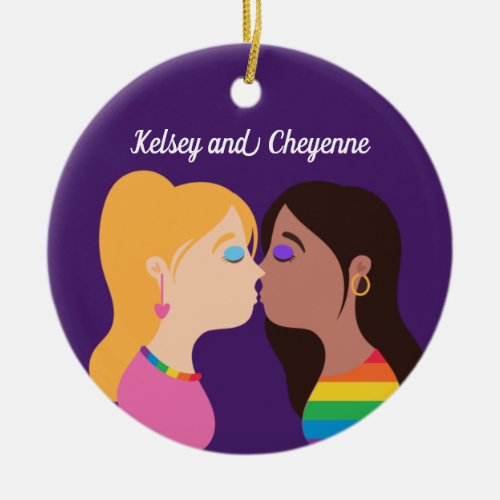 Lesbian Couple Kiss Cute Custom Gay Pride Purple Ceramic Ornament
