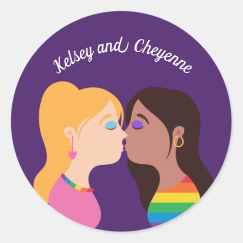 Lesbian Couple Kiss Cute Custom Gay Pride Purple Classic Round Sticker