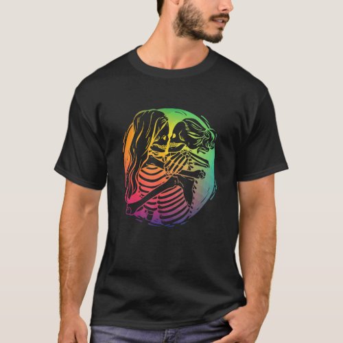 Lesbian Couple Lgbtq Pride Rainbow Flag Skeletons  T_Shirt