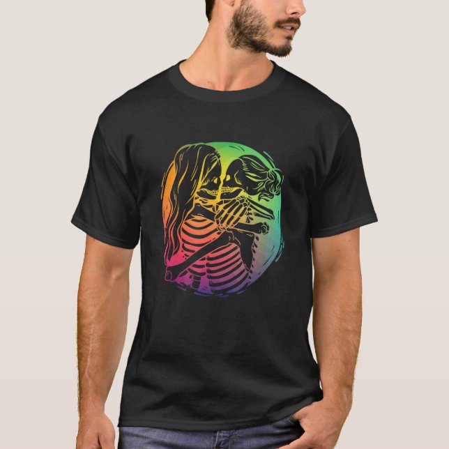 Lesbian Couple Lgbtq Pride Rainbow Flag Skeletons  T-Shirt (Front)