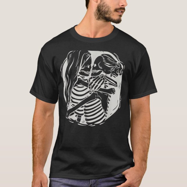 Lesbian Couple Lgbtq Pride Skeletons Kissing Valen T-Shirt (Front)