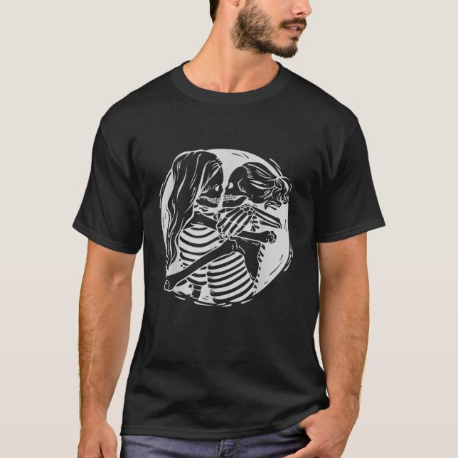 Lesbian Couple LGBTQ Pride Skeletons Kissing Valen T-Shirt (Front)