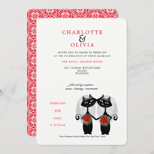 Lesbian Couple LGBTQ Wedding Cute Cats Invitation