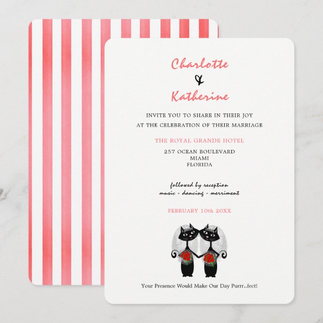 Lesbian Couple LGBTQ Wedding Cute Cats Invitation (Front/Back)