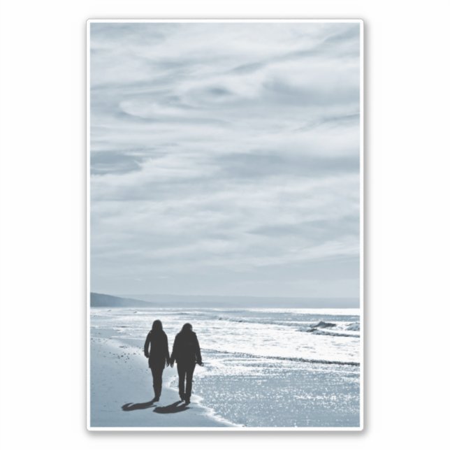 Lesbian Couple Walks Side by Side on a Sandy Beach Sticker (Front)