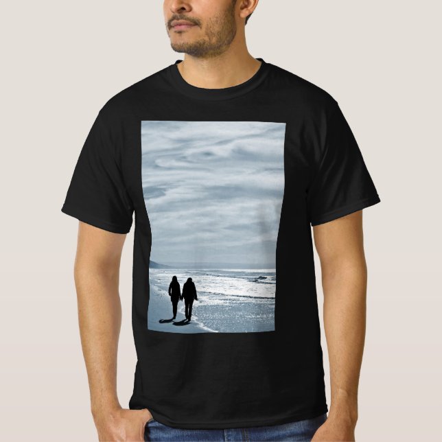 Lesbian Couple Walks Side by Side on a Sandy Beach T-Shirt (Front)