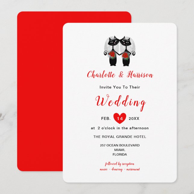 Lesbian Cute Whimsy Black Cats Wedding Invitation (Front/Back)