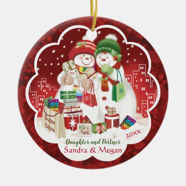 Lesbian, Daughter and Partner, Cute Snow women, Ceramic Ornament (Front)