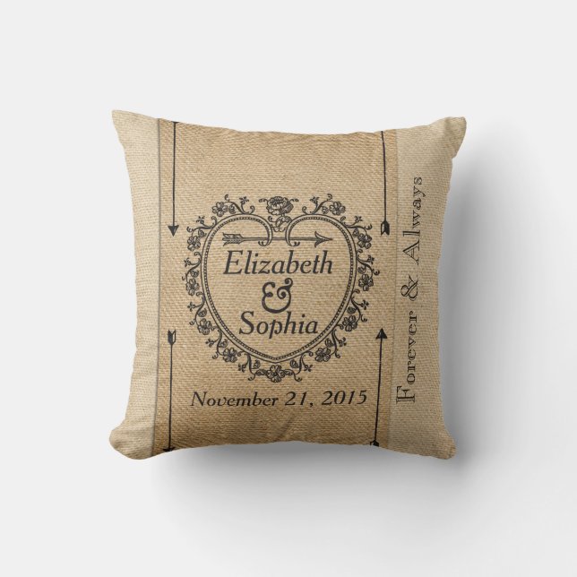 Lesbian Fancy Burlap Anniversary Date Heart Throw Pillow (Front)