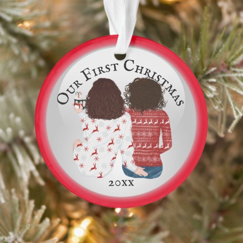 Lesbian first Christmas brunette caucasian PHOTO Ornament