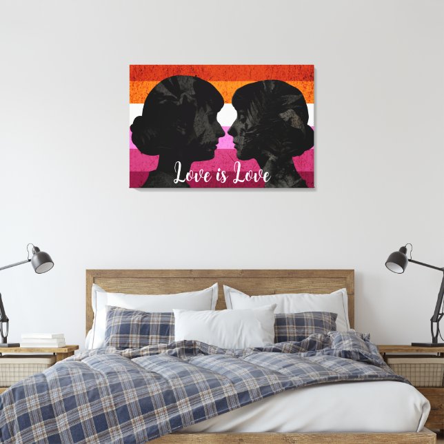 Lesbian Flag with Two Woman Silhouettes  Canvas Print (Insitu(Bedroom))