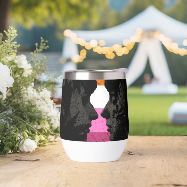 Lesbian Flag with Two Woman Silhouettes  Thermal Wine Tumbler (Wedding)