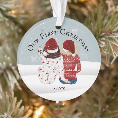 Lesbian gay couple DIY photo first christmas snow Ornament