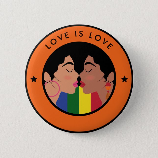Lesbian Gay Couple Kiss LGBTQ Love is Love Pride Button (Front)