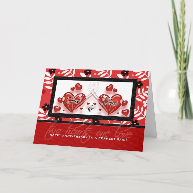 Lesbian Gay Couple Two Red Hearts Anniversary Card (Front)