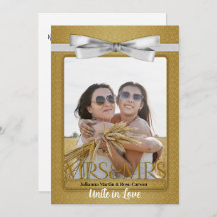 Lesbian Gay Two Brides Gold Damask Wedding Invitation