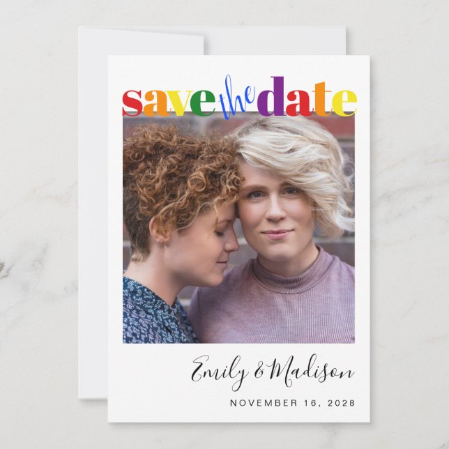Lesbian Gay Wedding Rainbow Photo Save The Date (Front)