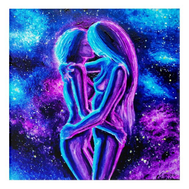 Lesbian kiss in blue and purple   acrylic print (Front)