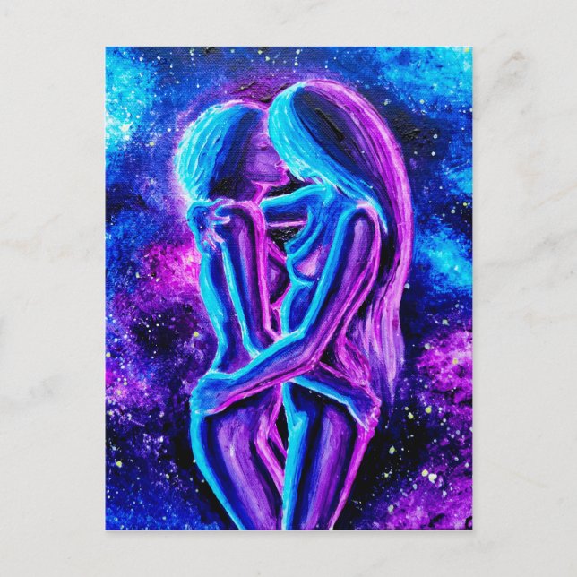 Lesbian kiss in blue and purple   postcard (Front)