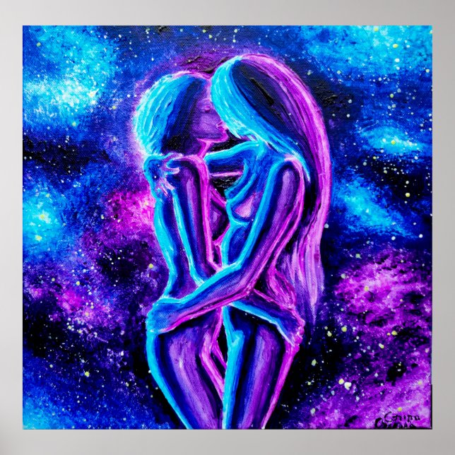 Lesbian kiss in blue and purple poster (Front)