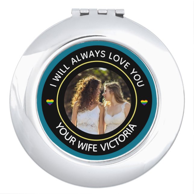 Lesbian LGBTQ Photo Wedding Couple Rainbow Custom Compact Mirror (Front)