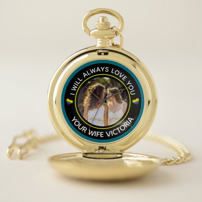 Lesbian LGBTQ Photo Wedding Couple Rainbow Custom Pocket Watch (Inside)