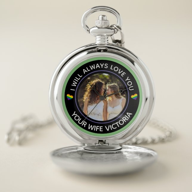 Lesbian LGBTQ Photo Wedding Couple Rainbow Custom Pocket Watch (Inside)
