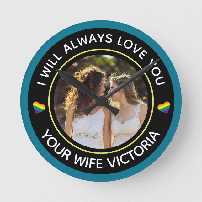 Lesbian LGBTQ Photo Wedding Couple Rainbow Custom Round Clock (Front)
