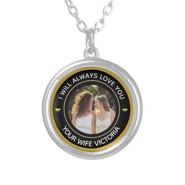 Lesbian LGBTQ Photo Wedding Couple Rainbow Custom Silver Plated Necklace (Front)